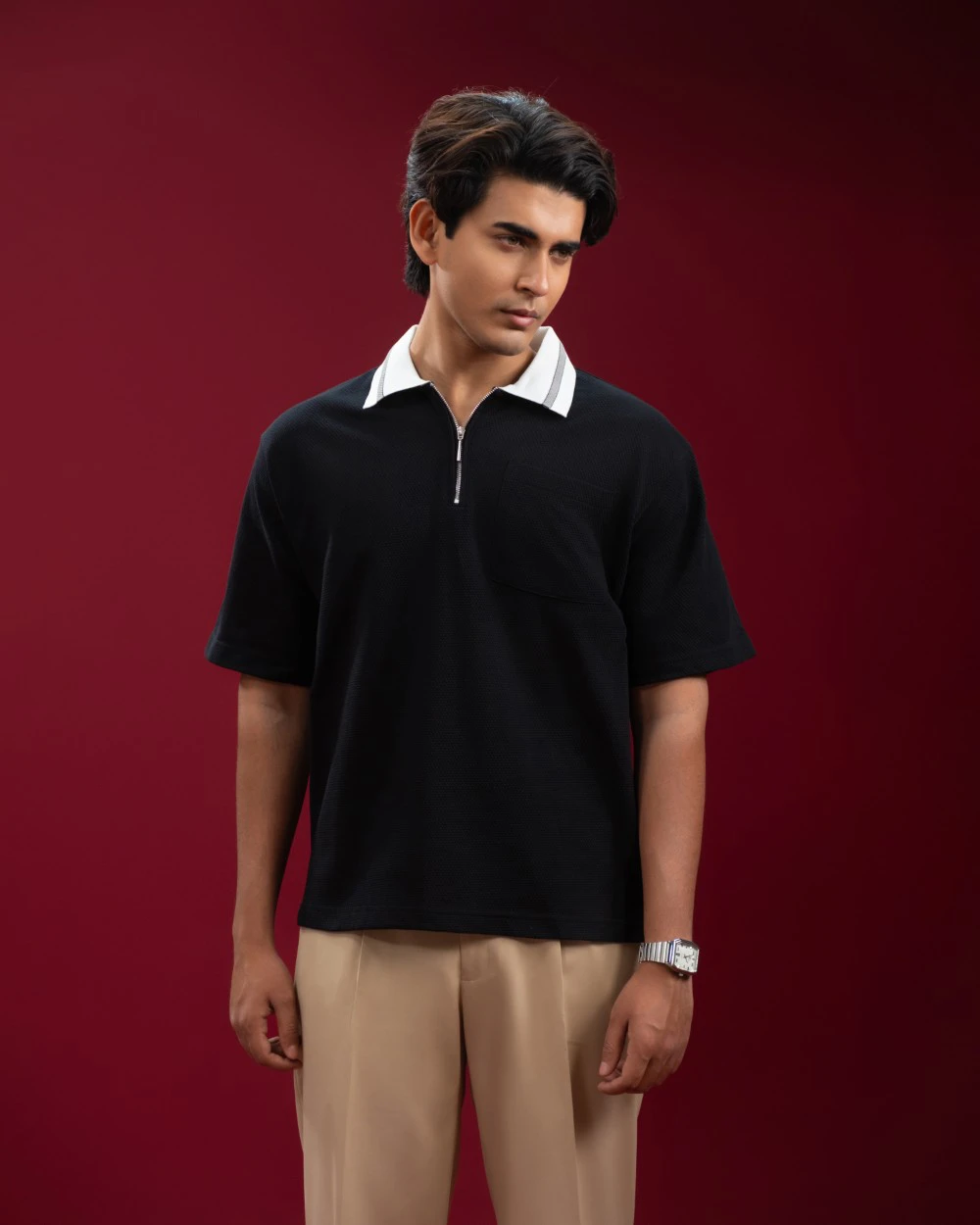 Oversized Black Zip Polo