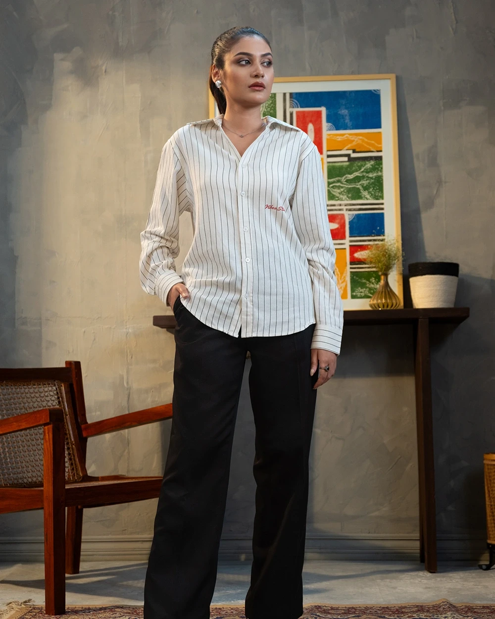 Cream White & Black Stripe Shirt