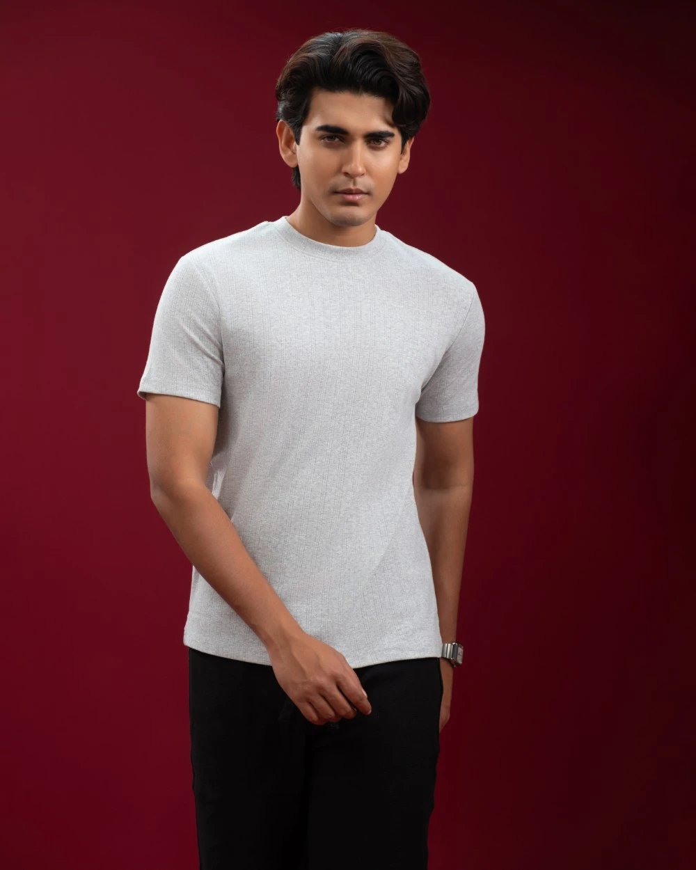 Pointelle Ribbed Stone Grey T-shirt