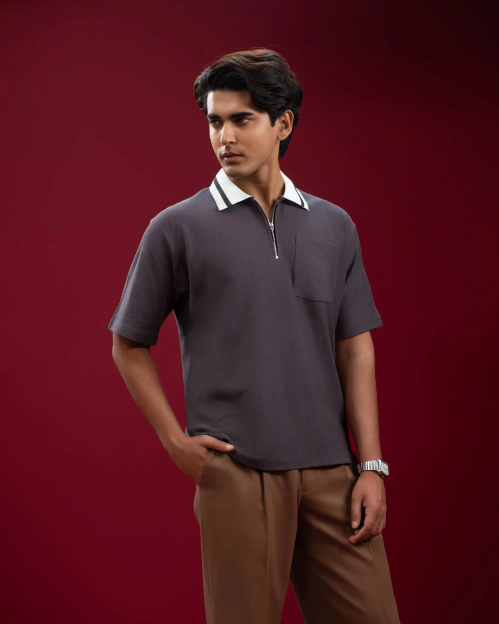 Oversized Grey Zip Polo