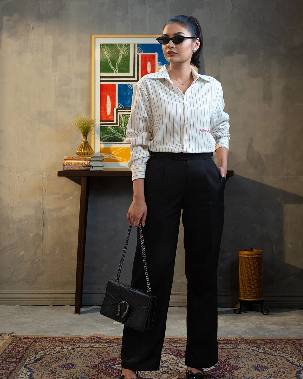 Cream White & Black Stripe Shirt