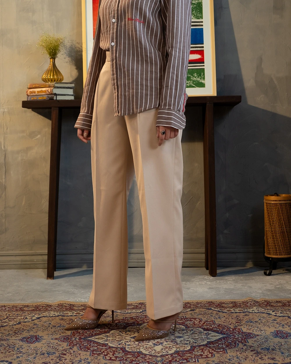 Beige Formal Wide Leg Pant