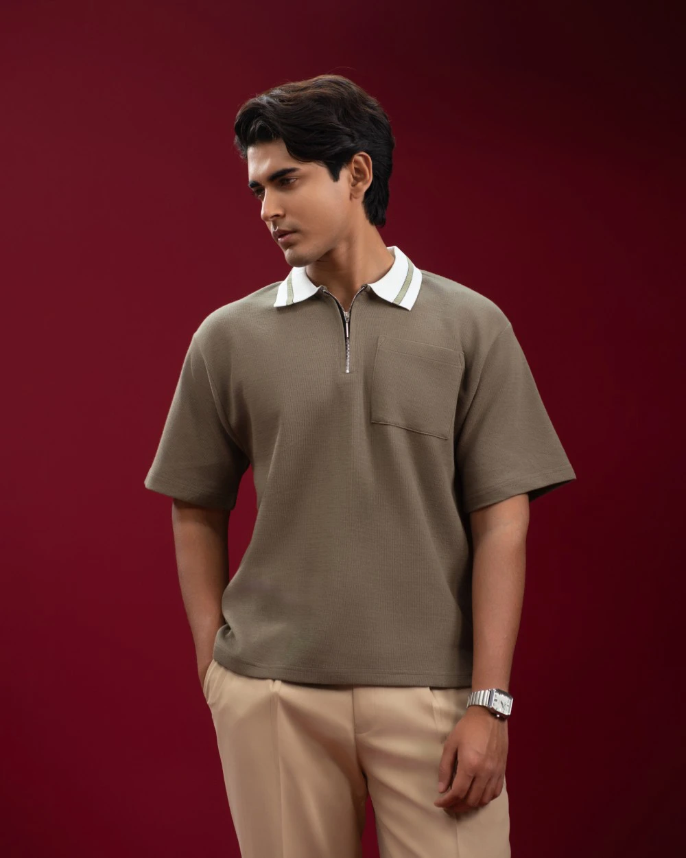 Oversized Olive Zip Polo