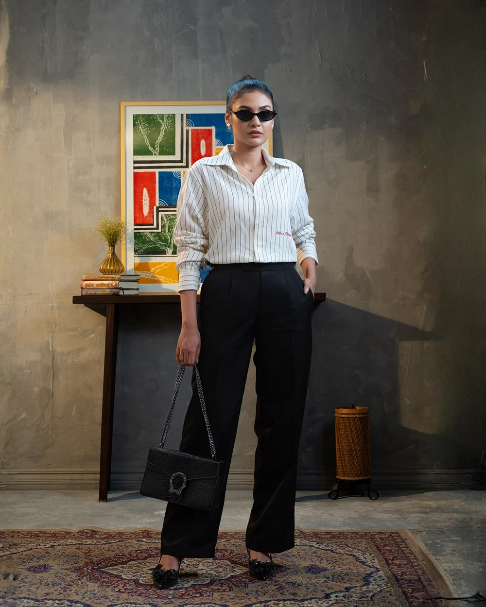 Cream White & Black Stripe Shirt