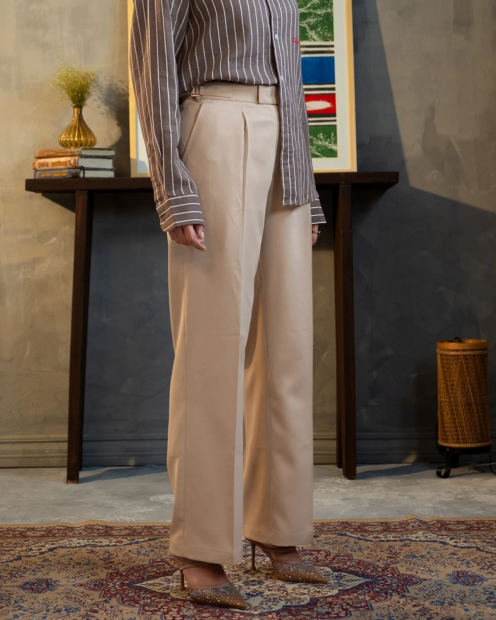 Beige Formal Wide Leg Pant